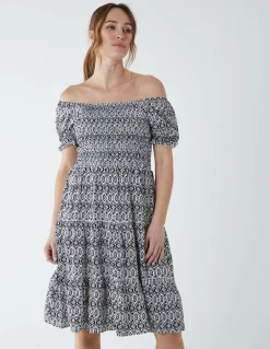 Puff Sleeve Bardot Shirred Dress