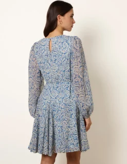 Puff Sleeve Godet Dress With Self Tie