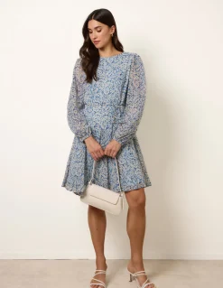 Puff Sleeve Godet Dress With Self Tie