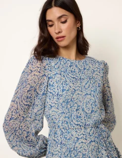 Puff Sleeve Godet Dress With Self Tie