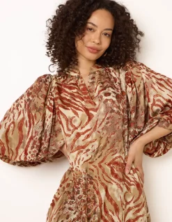 Puff Sleeve Metallic Animal Print Puff Sleeve Tunic Dress