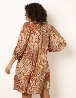 Puff Sleeve Metallic Animal Print Puff Sleeve Tunic Dress