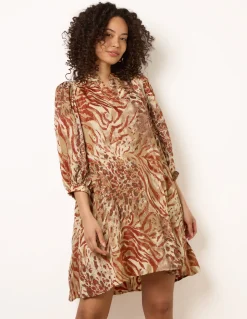Puff Sleeve Metallic Animal Print Puff Sleeve Tunic Dress