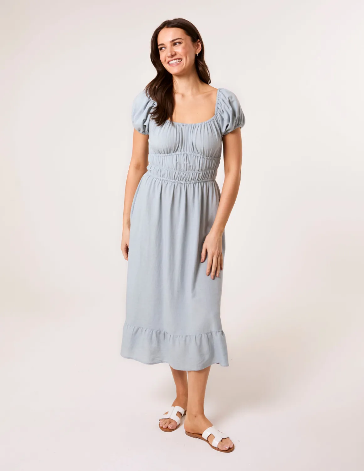 Puff Sleeve Shirred Panel Dress