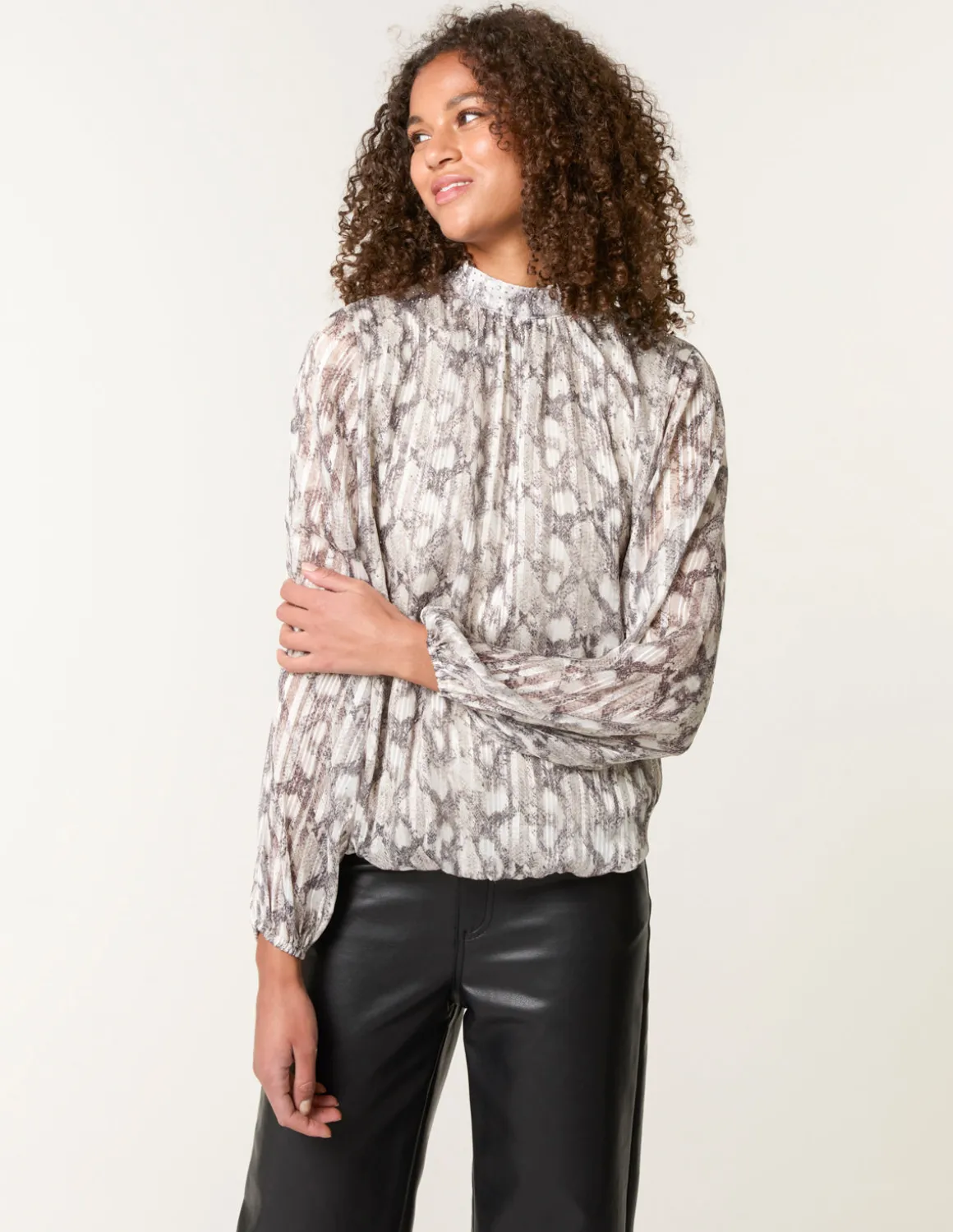 Rhinestone Studded Snake Print Blouse