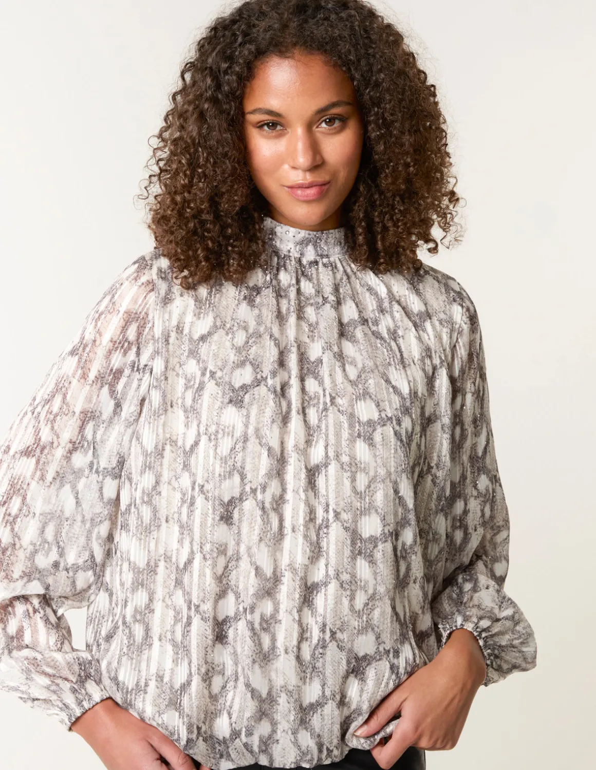 Rhinestone Studded Snake Print Blouse