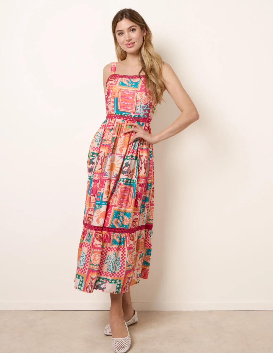 Ric Rac Trim Postcard Print Dress