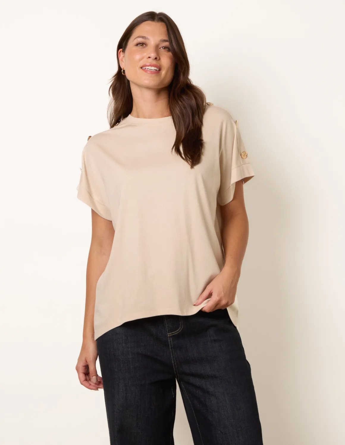 Round Neck Brochure Shoulder Detailing T-Shirt