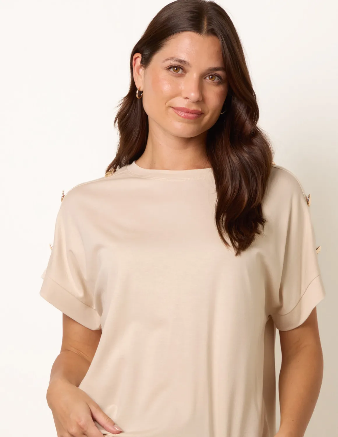 Round Neck Brochure Shoulder Detailing T-Shirt