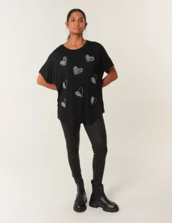 Round Neck Diamante Heart Detailing T-Shirt
