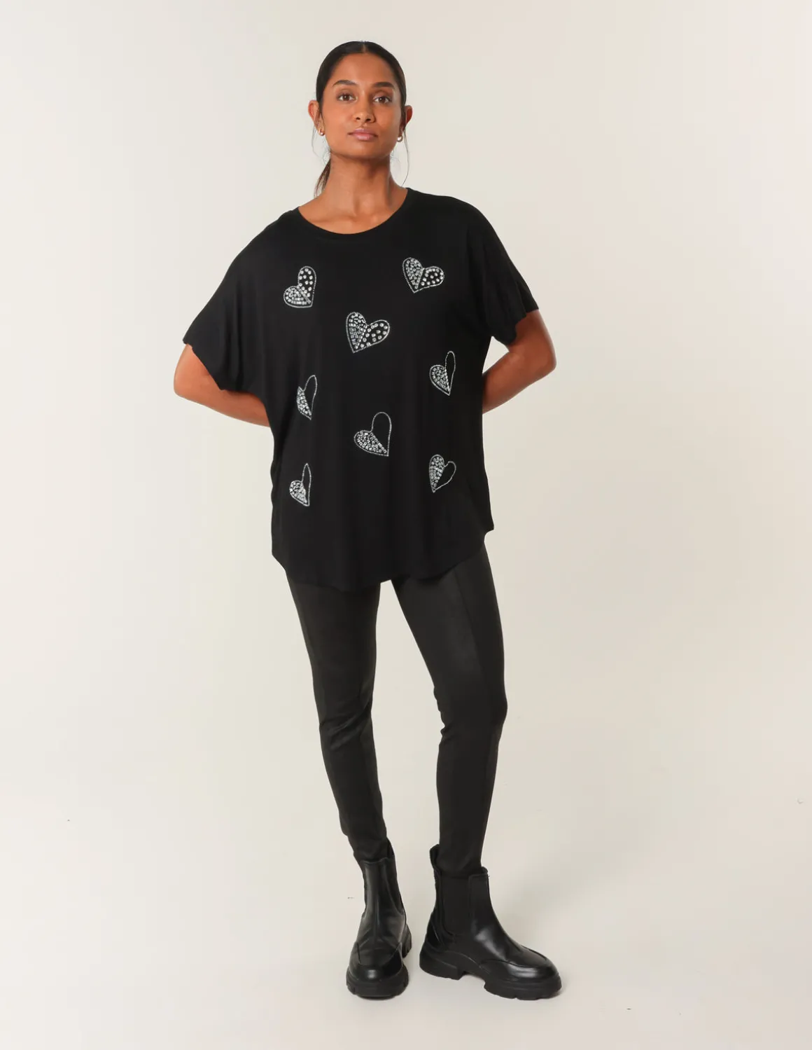 Round Neck Diamante Heart Detailing T-Shirt