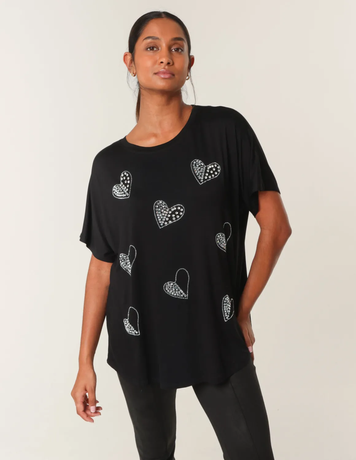 Round Neck Diamante Heart Detailing T-Shirt