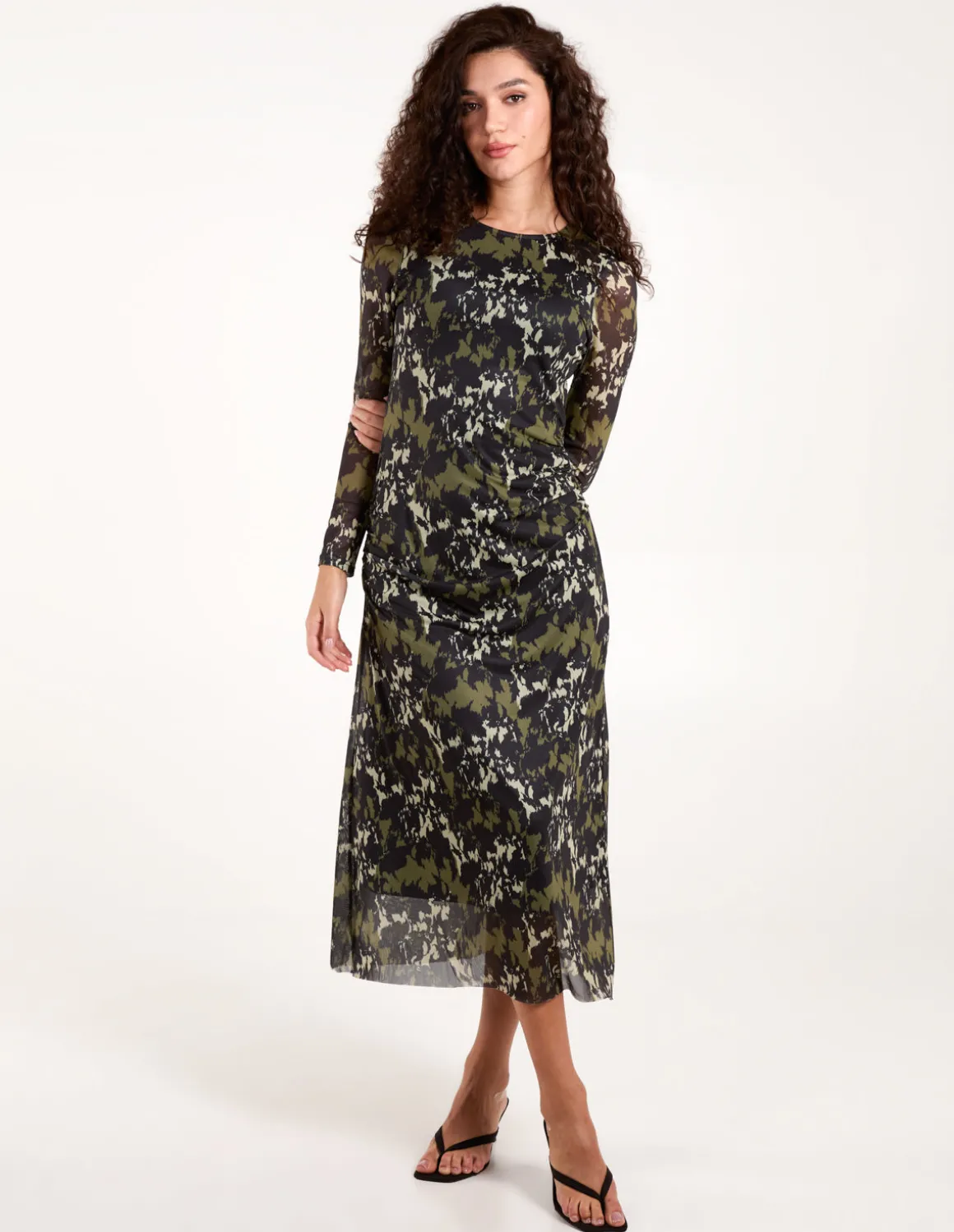 Ruched Mesh Midi Dress