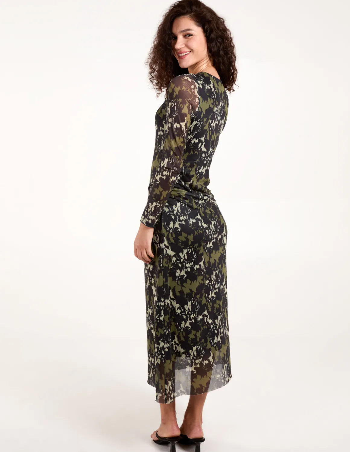 Ruched Mesh Midi Dress
