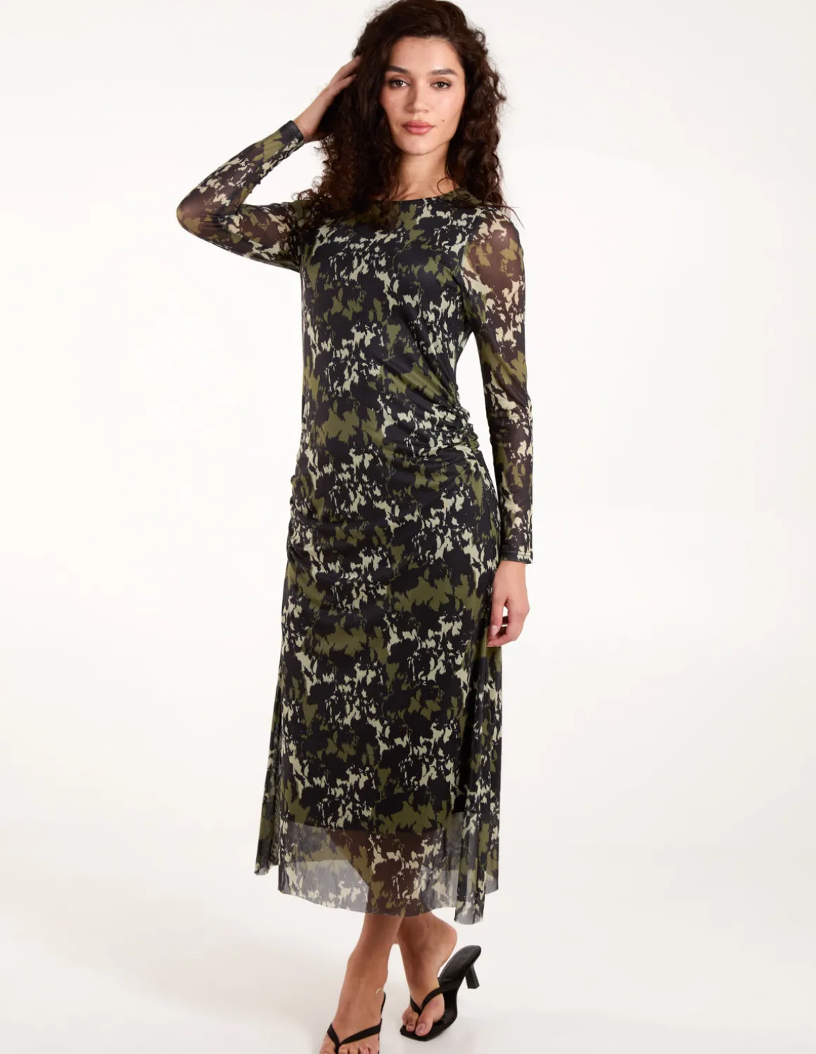 Ruched Mesh Midi Dress