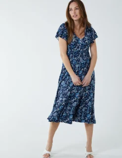 Ruffle Sleeve Elasticated Godet Midi Dress
