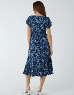 Ruffle Sleeve Elasticated Godet Midi Dress