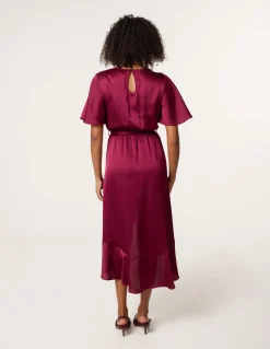 Satin Wrap Frill High To Low Midi Dress