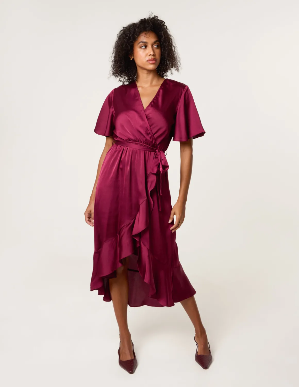 Satin Wrap Frill High To Low Midi Dress