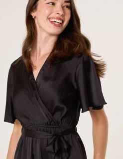 Satin Wrap Frill High To Low Midi Dress