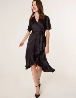 Satin Wrap Frill High To Low Midi Dress