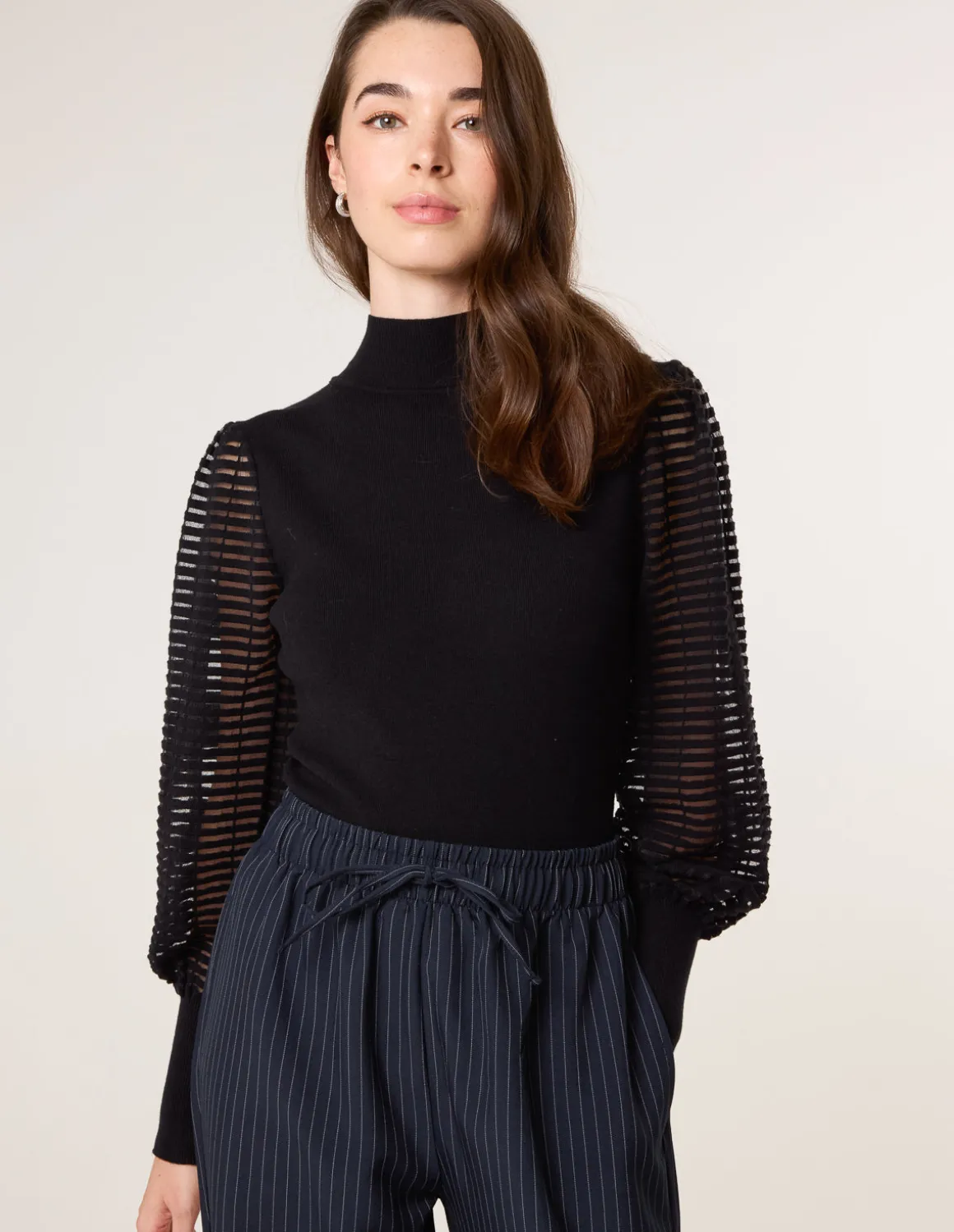 Semi-Sheer Mesh Panel Long Sleeve Jumper
