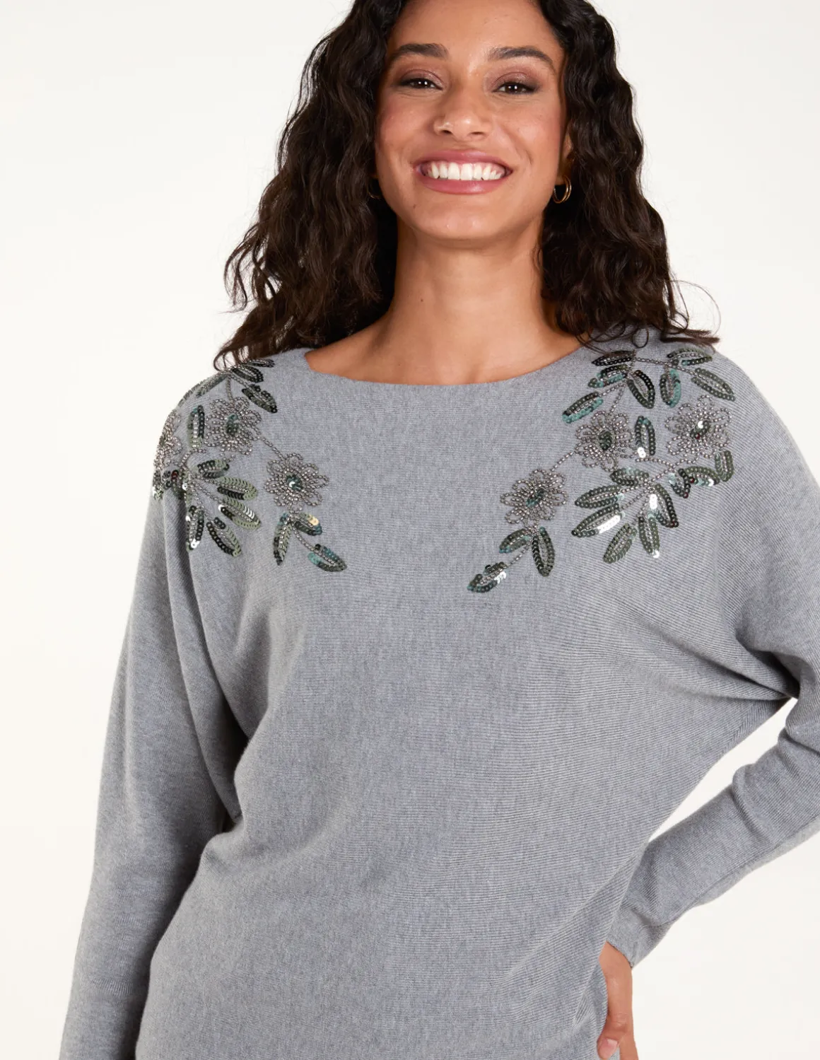 Sequin Flower Detail Batwing Jumper