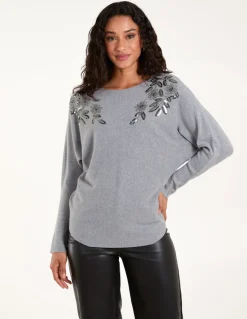 Sequin Flower Detail Batwing Jumper