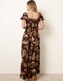 Shell Knot Front Puff Sleeve Midi Dress