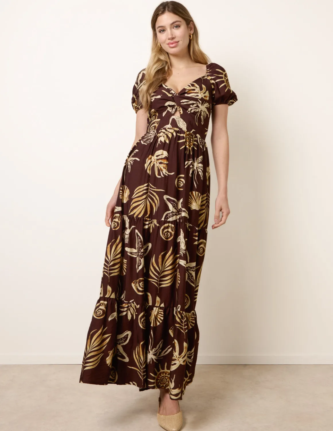 Shell Knot Front Puff Sleeve Midi Dress