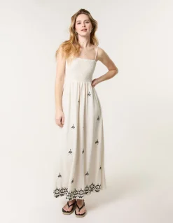 Shirred Bandeau Linen Maxi Dress