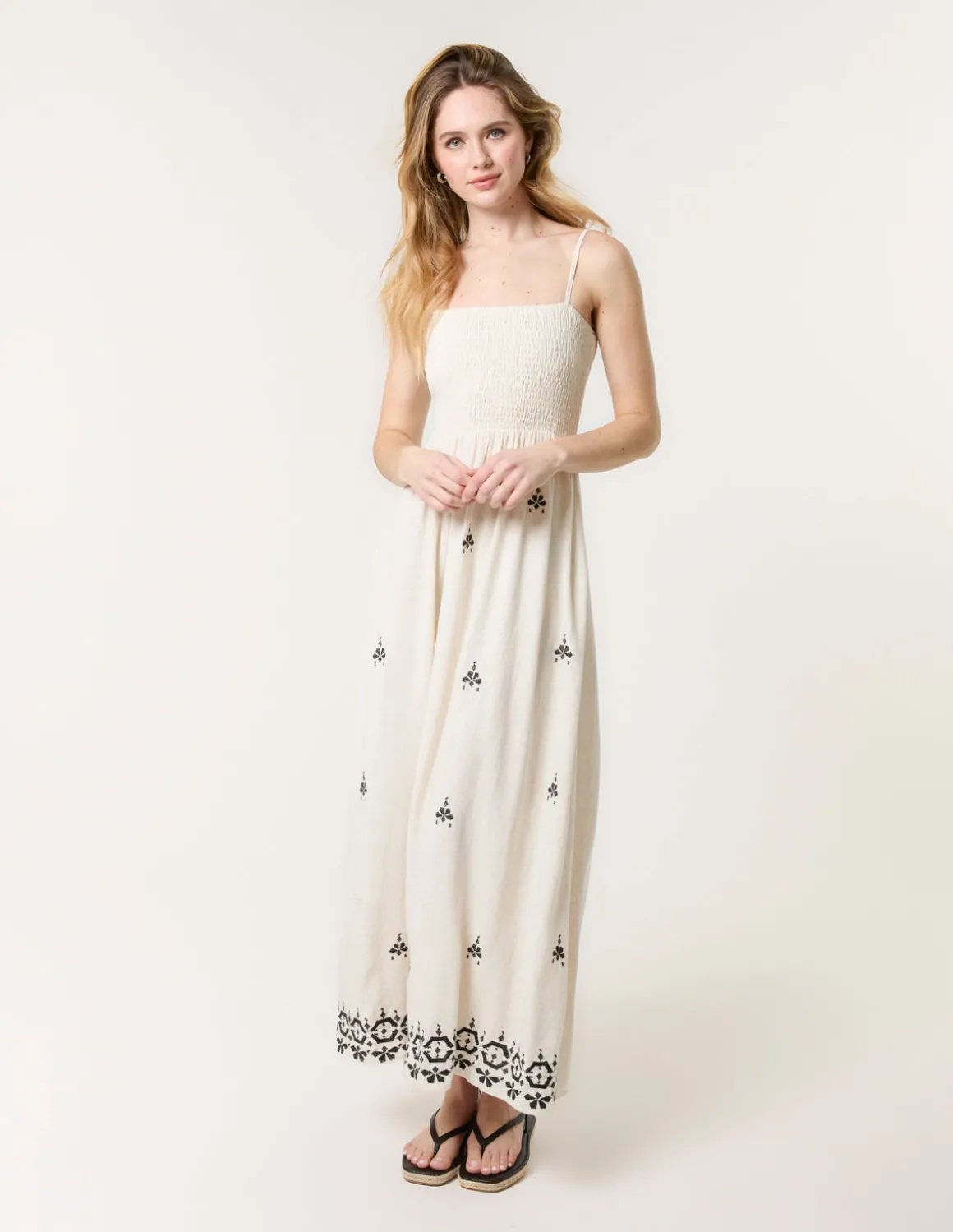 Shirred Bandeau Linen Maxi Dress