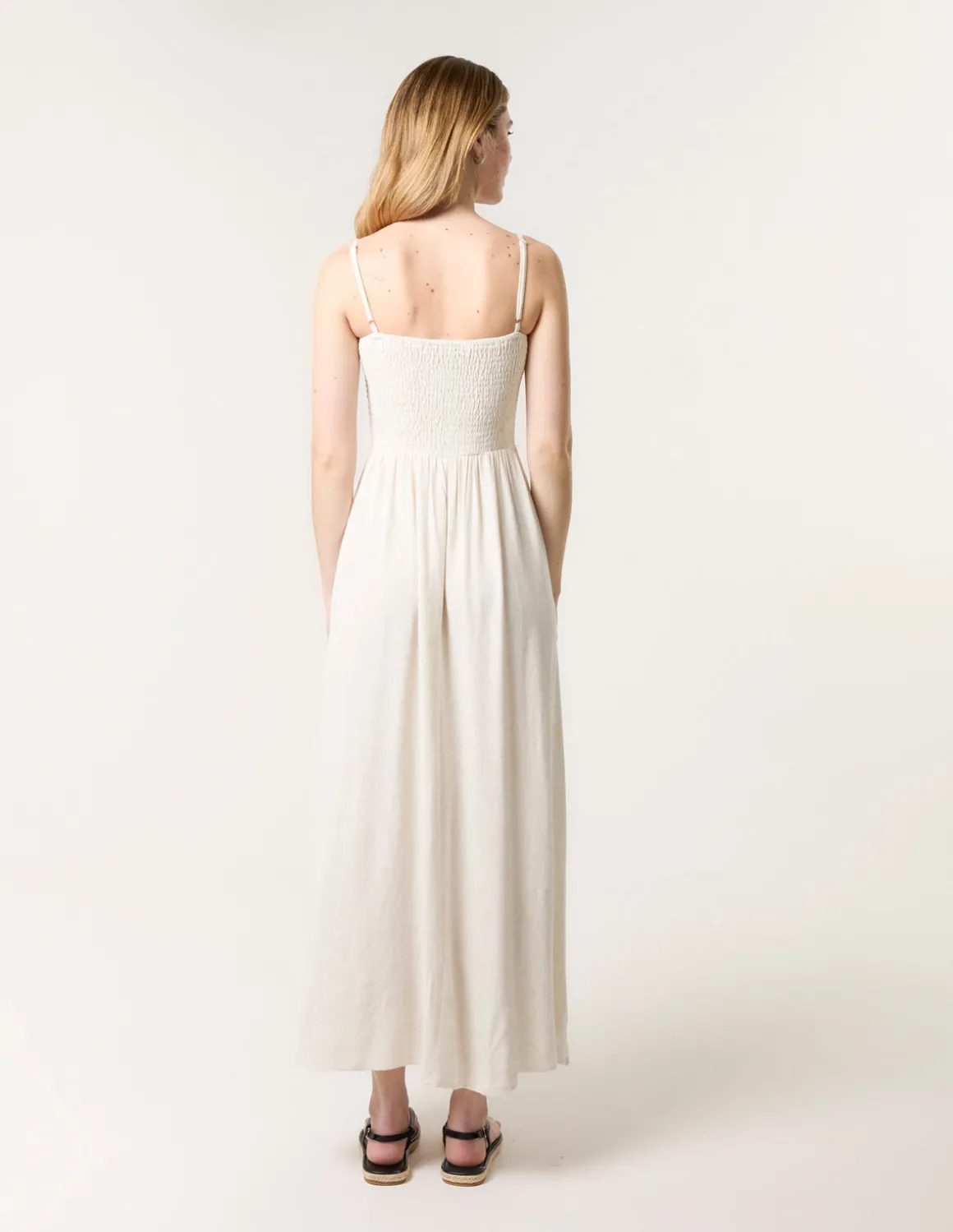 Shirred Bandeau Linen Maxi Dress