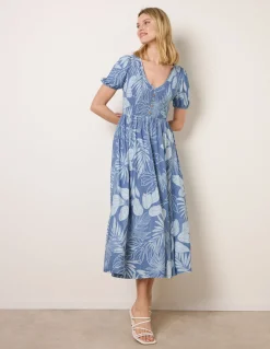 Shirred Button V Neck Midi Dress
