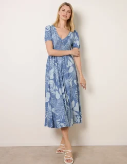 Shirred Button V Neck Midi Dress