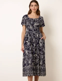 Shirred Drop Waist Midi Dress