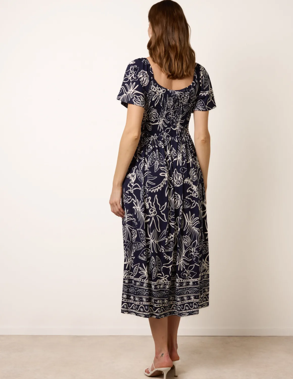 Shirred Drop Waist Midi Dress