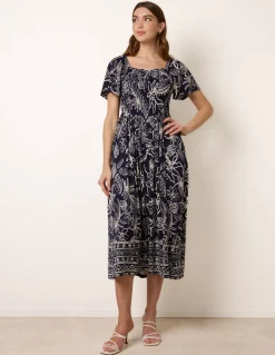 Shirred Drop Waist Midi Dress