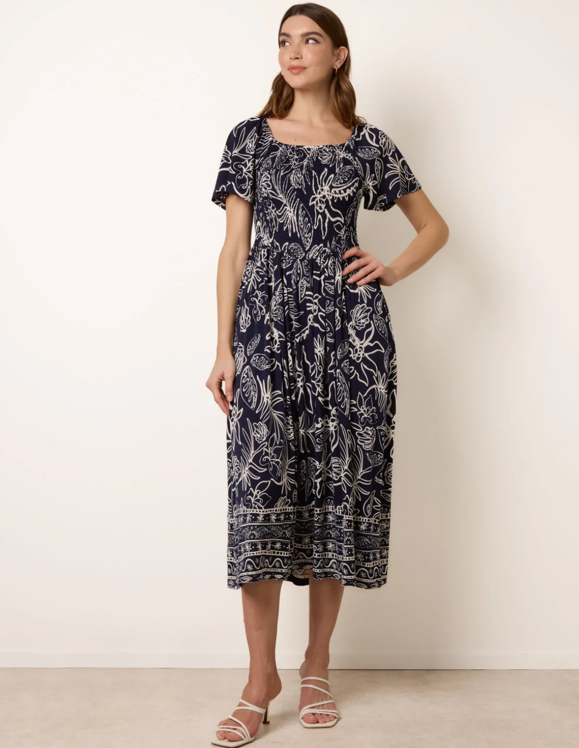 Shirred Drop Waist Midi Dress