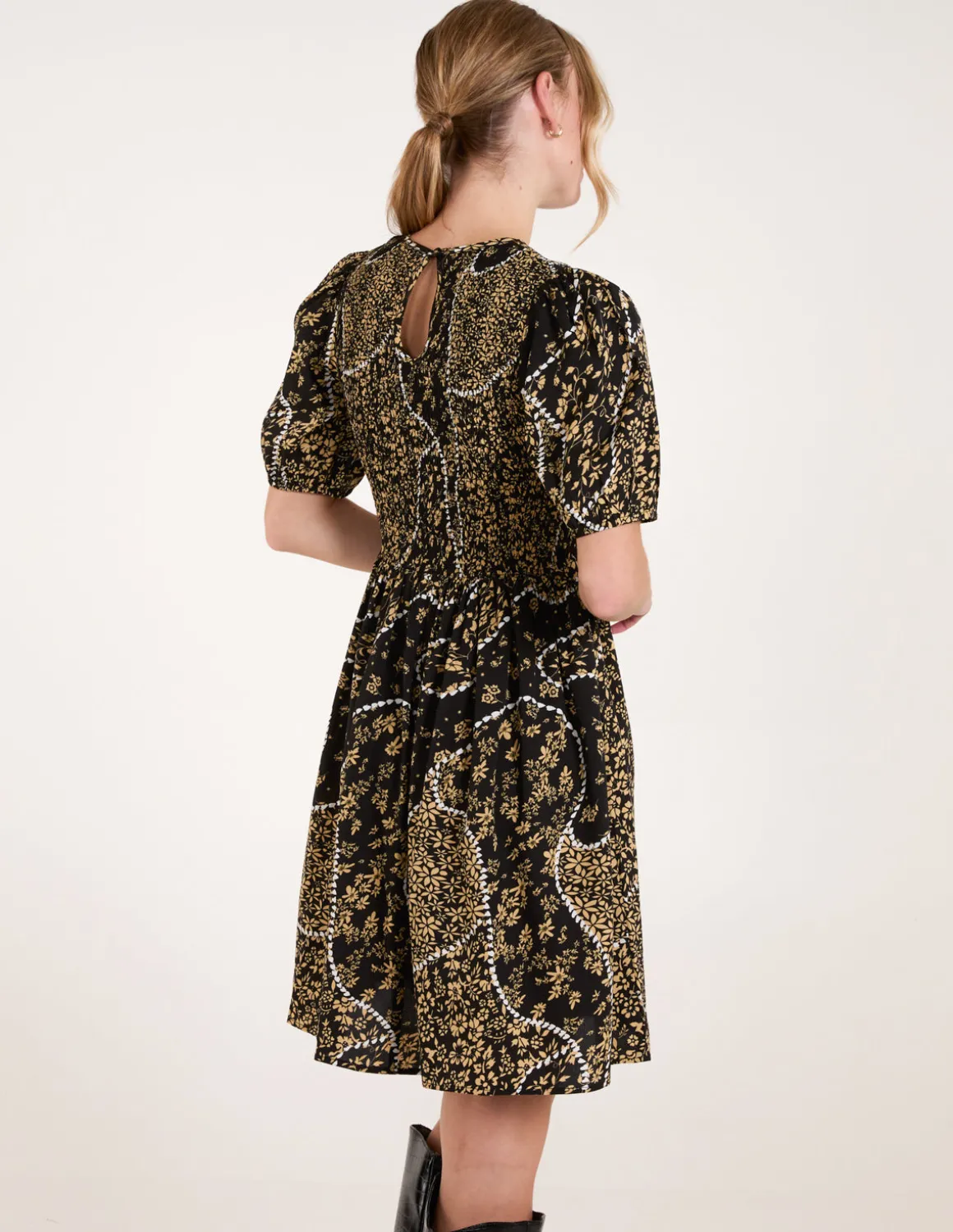 Shirred Front Puff Sleeve Mini Dress