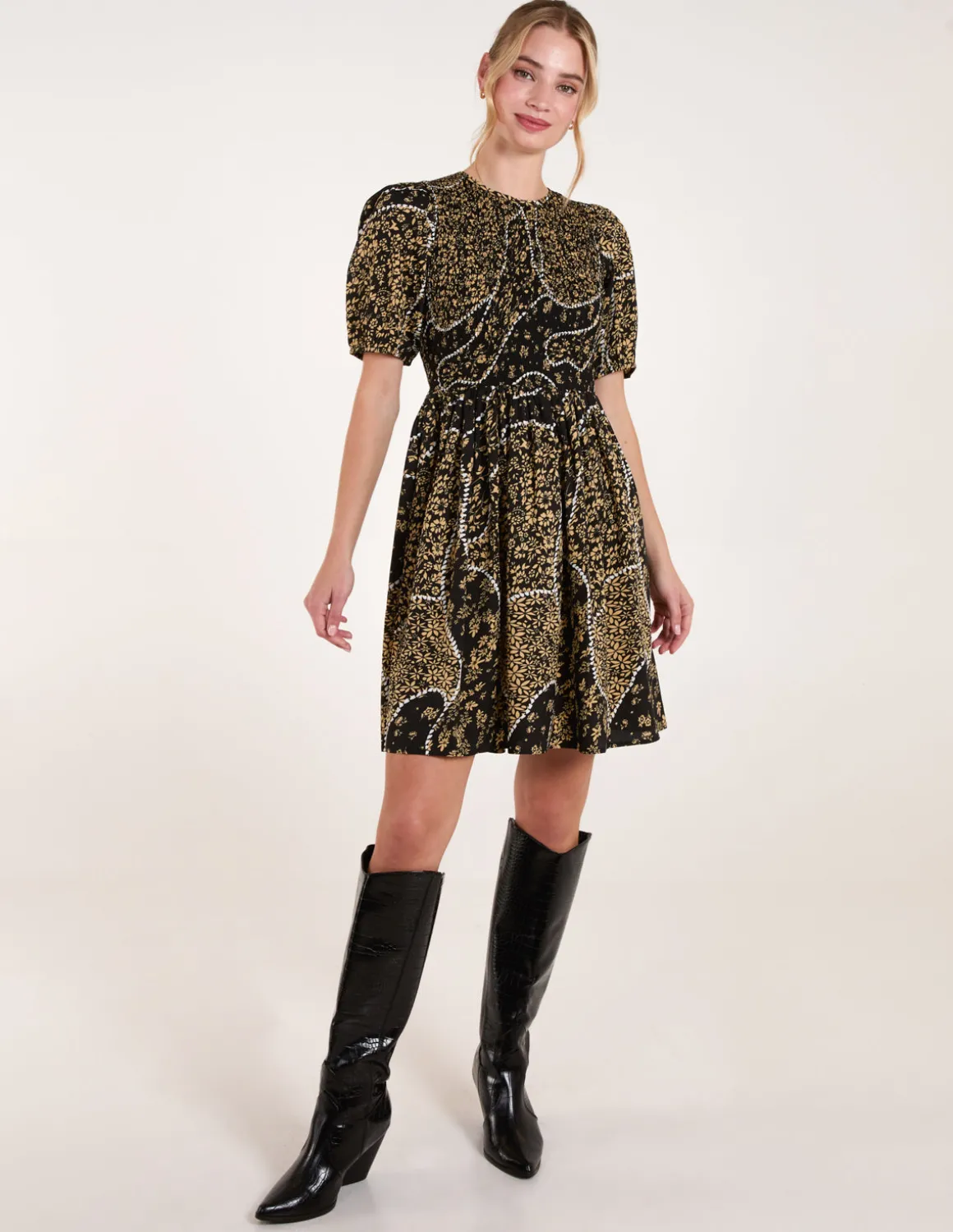 Shirred Front Puff Sleeve Mini Dress