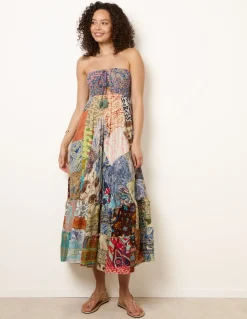 Shirred Patchwork Art Bandeau Dress