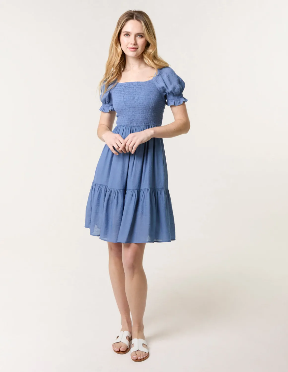 Shirred Puff Sleeve Mini Dress