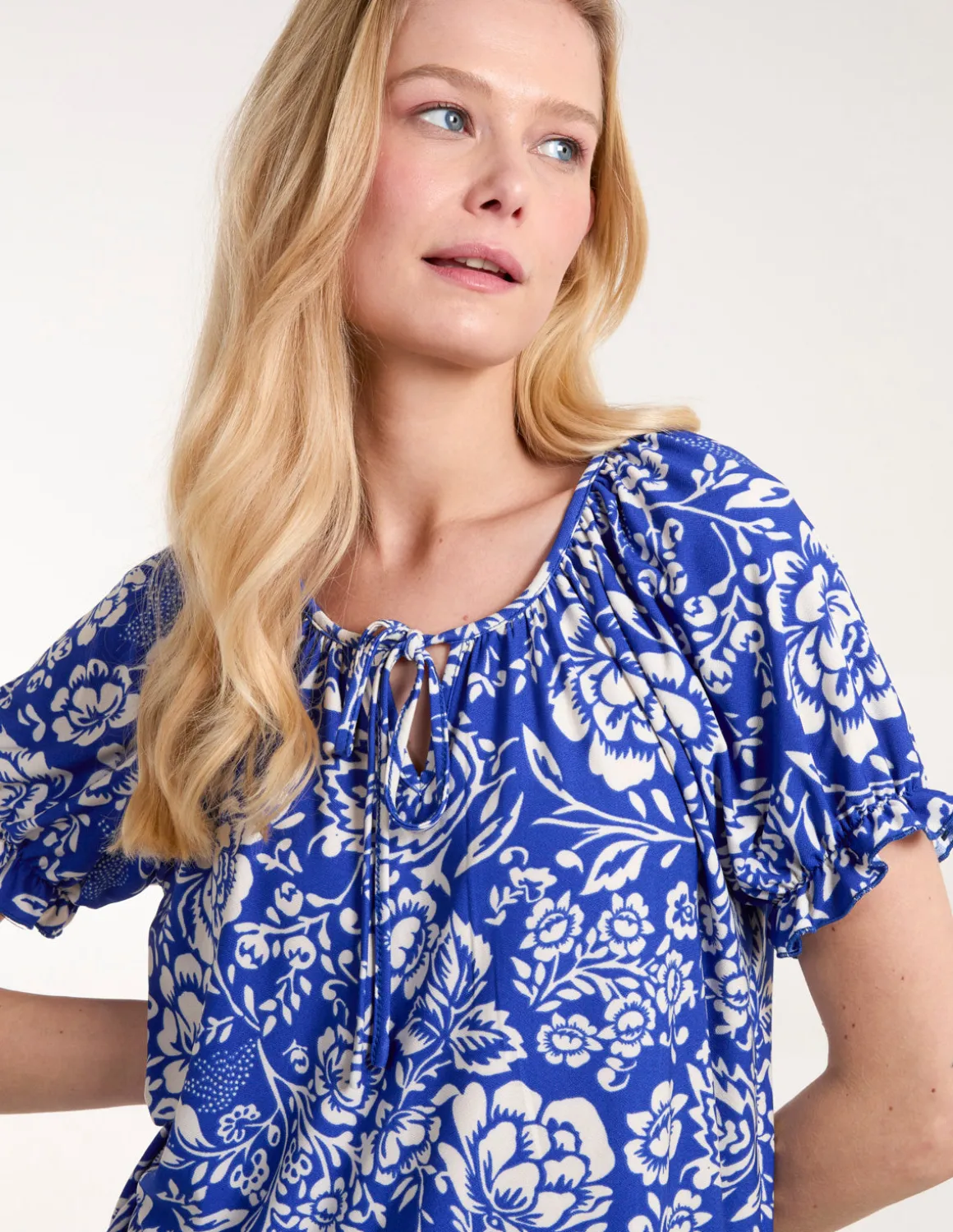 Shirred Sleeve Tie Front Top