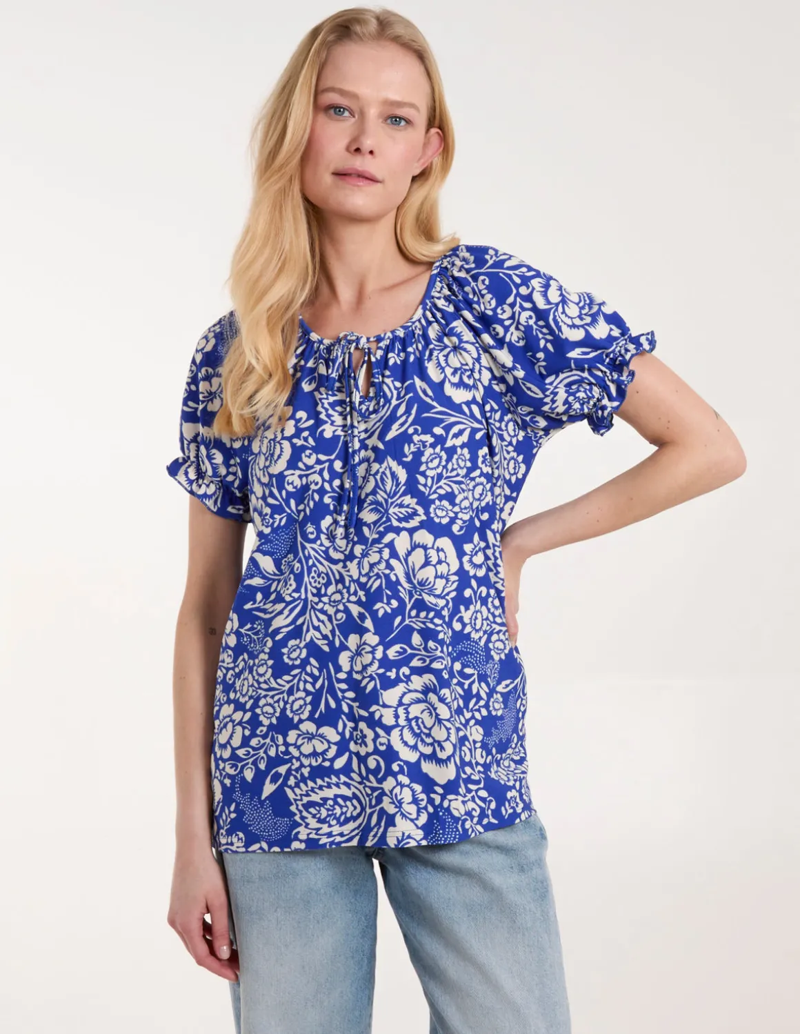 Shirred Sleeve Tie Front Top