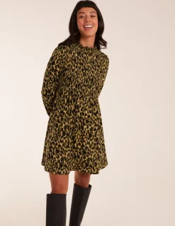 Shirred Trapeze Frill Neck And Sleeve Mini Dress