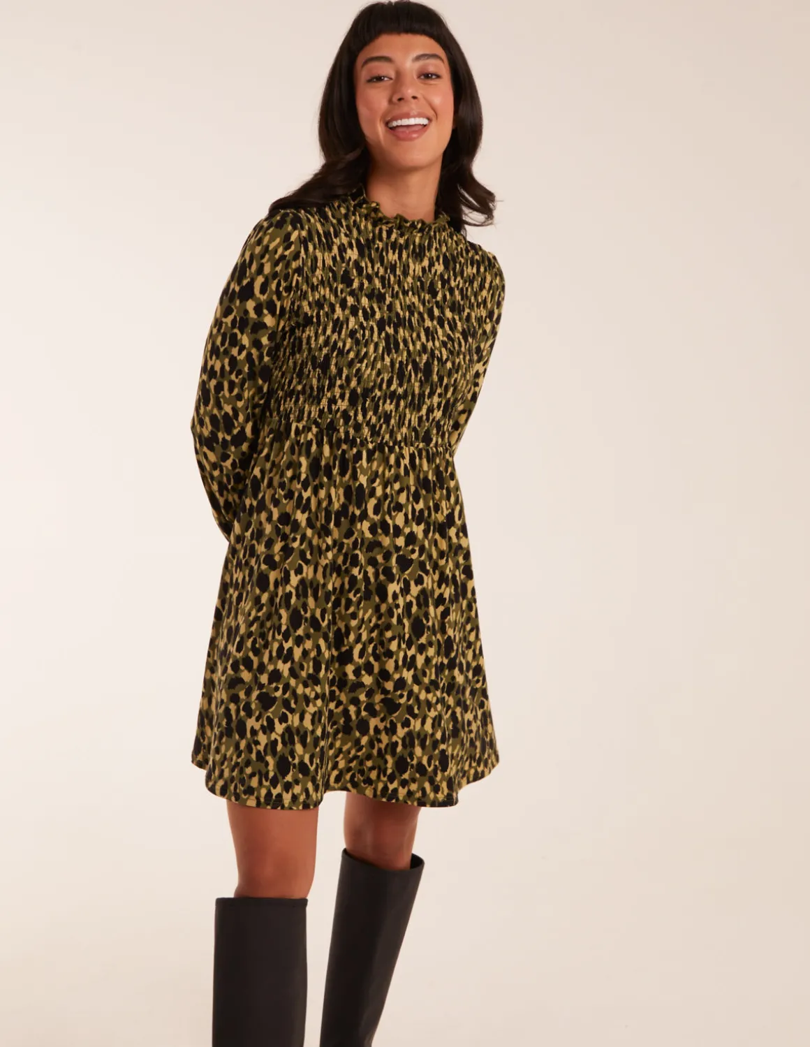 Shirred Trapeze Frill Neck And Sleeve Mini Dress