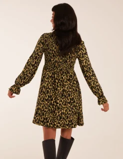 Shirred Trapeze Frill Neck And Sleeve Mini Dress