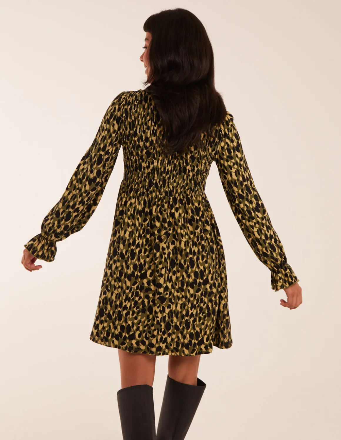Shirred Trapeze Frill Neck And Sleeve Mini Dress