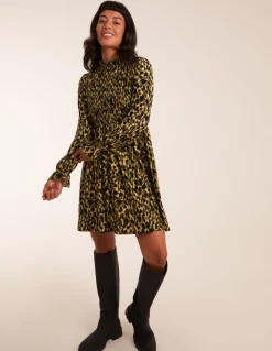 Shirred Trapeze Frill Neck And Sleeve Mini Dress